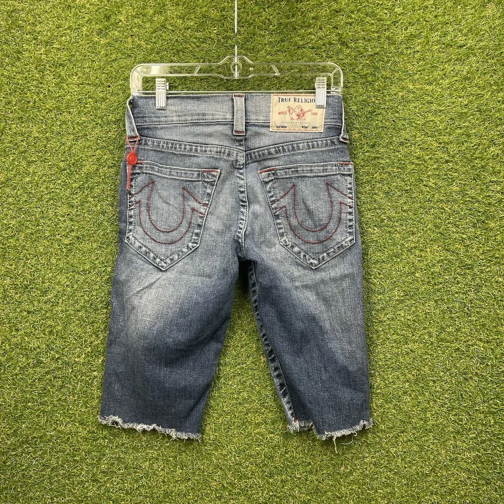 True Religion Ricky Jean Shorts Mens 27 No Flap Raw Hem Distressed Dark Wash Y2K